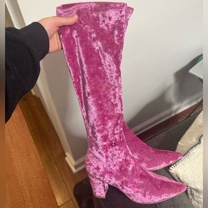 Silent D Komass crushed velvet pink knee-high boots